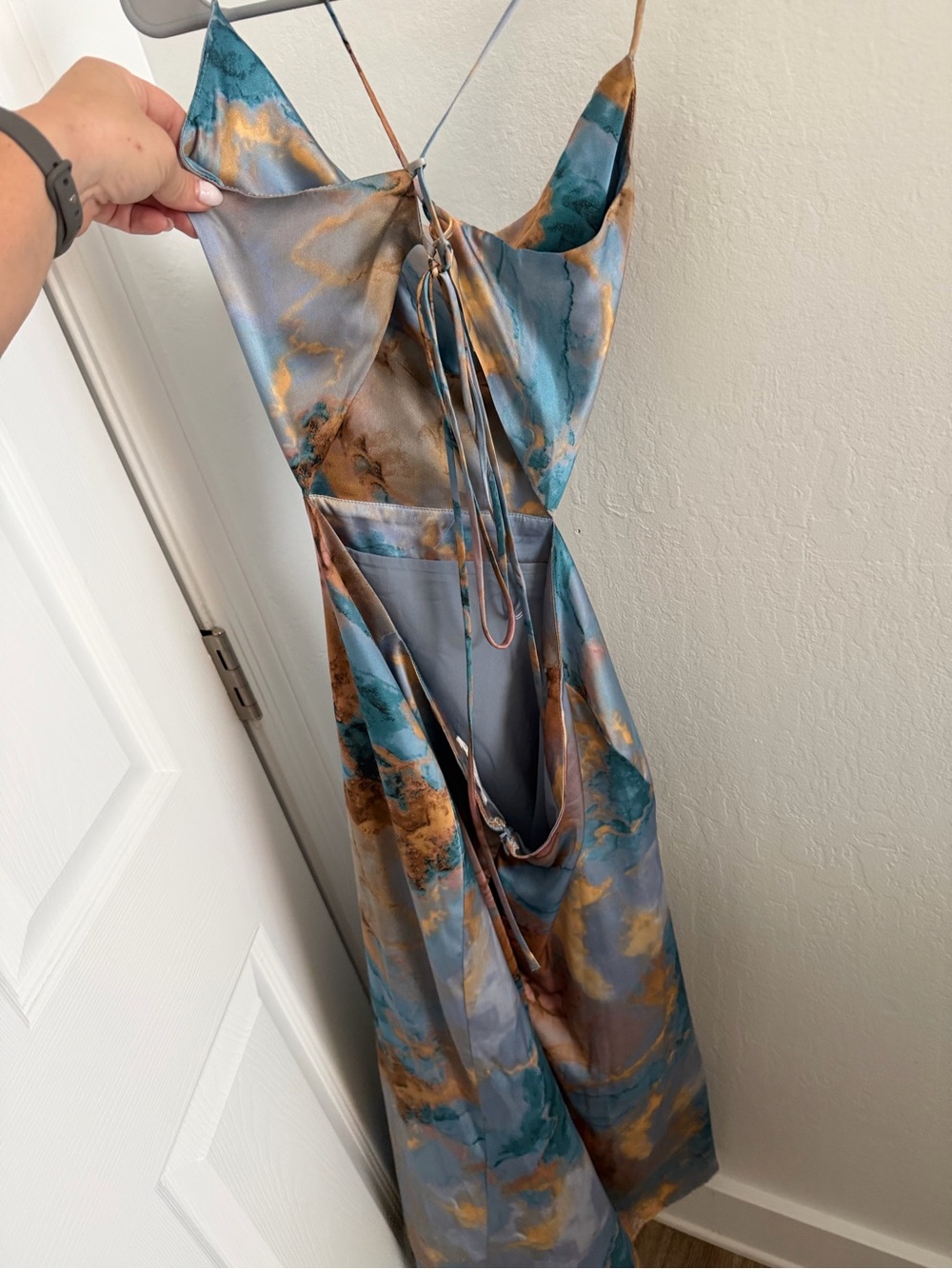 12th Tribe Satin Cowl Slip Dress in Teal, Gold & Gray Marble - Picture 2 of 3